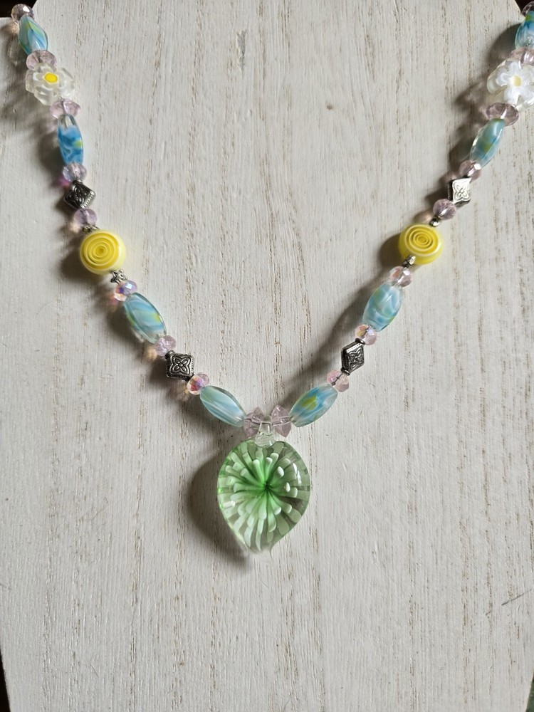 Lampwork Single Strand Handblown Glass Bead Pendant Multicolor 22in Flowers
