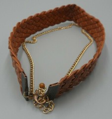 Layered Faux Leather Choker Braided Vinyl Dog Collar Necklace Brown Brass Chain