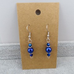 SAPPHIRE BLUE Dangle Earrings Czech Glass Pearl Bead Crystal Silver Tone Gift