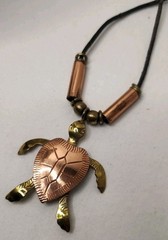 Artisan Copper Brass Sea Turtle Pendant with Leather Cord Necklace