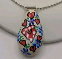 Hand Painted Stone Heart Flower Pendant Necklace Ball Chain Multicolor 11 Inches