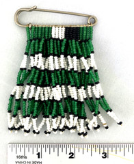 Large Handmade Woven seed beads Fringe on Saftey Pin Large Green, white , Black