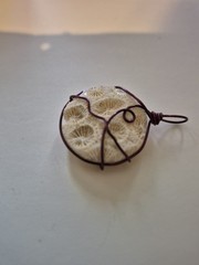 Natural Fossilized Coral Cabachon Pendant Wrapped In Burgandy Colored Wire OOAK