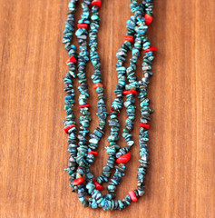 Vintage Turquoise Red Coral Nuggets Multi-Strand Necklace w/ Silver Clasp 16.25′