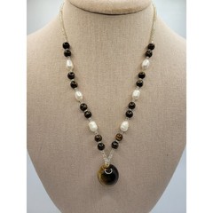 Vintage Tiger’s Eye Freshwater Pearl Necklace Sphere Ball Seed Beads Y Pendant