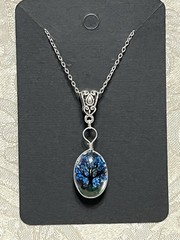 Pendant Nature Flower Tree Lacework Glass Two Sided Silver 18” Boho Necklace