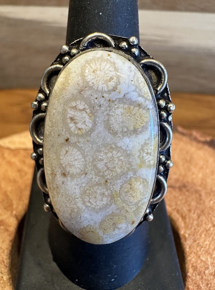 Sterling Silver Fossil Coral Ring Size 8.5 Large Oval Agatized Petoskey Stone