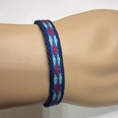 Hollister Blue Red Striped Beaded Charm Fabric Bracelet Button Closure Adj 8”