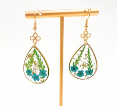 Handmade Blue Pressed Flower Resin Earrings Gold Teardrop Botanical Dangle