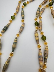 Vintage Paper Bead Necklace Crystal Green Earth Tone Extra Long Boho 48″