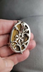 1970’s Tigers Eye Pendant in Sterling with Enamel Flowers & Gems