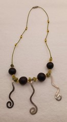 Vintage Boho BeadedCordNecklace W/ Metal Scroll Design Drops&Unikite,Glass Beads