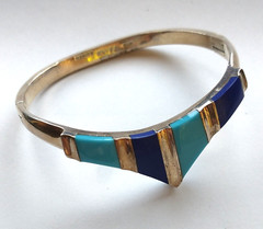STERLING SILVER LAPIS LAZULI & TURQUOSE INLAY BANGLE BRACELET HINGED MEXICO 950