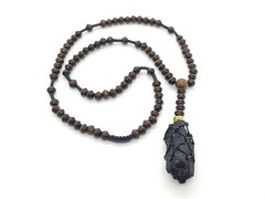 Black Tourmaline Macrame Handmade Necklace with Wood Beads and Gold Band