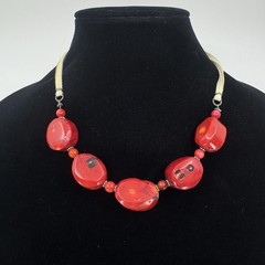 Barse Sterling Silver Chunky Red Bamboo Coral Leather Cord Necklace 18”
