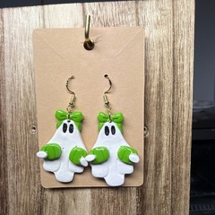 Suzie’s Whimsy Ghost With Lime Bow/ Earrings Polymer Halloween Pumpkin Fall