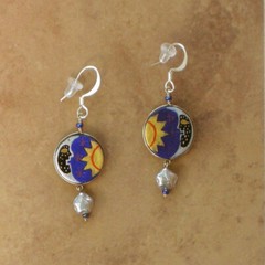 Hand Painted Ceramic DARK BLUE SUN & MOON Dangle Earrings Fair Trade