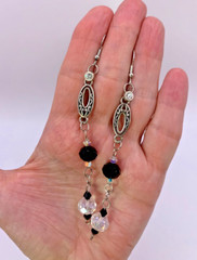 Black & Clear Faceted Crystal Bead Long Dangle Handmade Pierced Earrings LA106