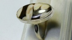CUTE NATURAL DALMATIAN PETRIFIED WOOD IN STERLING SILVER.925 RING SIZE 6.0-6.25