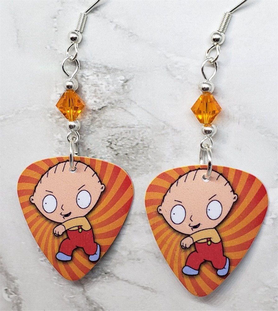 Family Guy Stewie Griffin Guitar Pick Earrings with Orange Swarovski Crystals