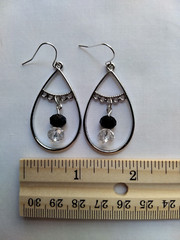 Black Clear Crystal Glass Beaded Teardrop Hoop Earrings Handmade Silver Tone