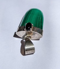 Malachite Tongue Shaped Pendant Onyx Cabochon Sterling 90s Crystal Jewelry
