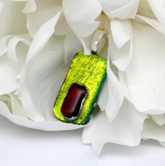 Dichroic fused glass pendant, dk red accent on goldish lime. SP bail p384, p4s