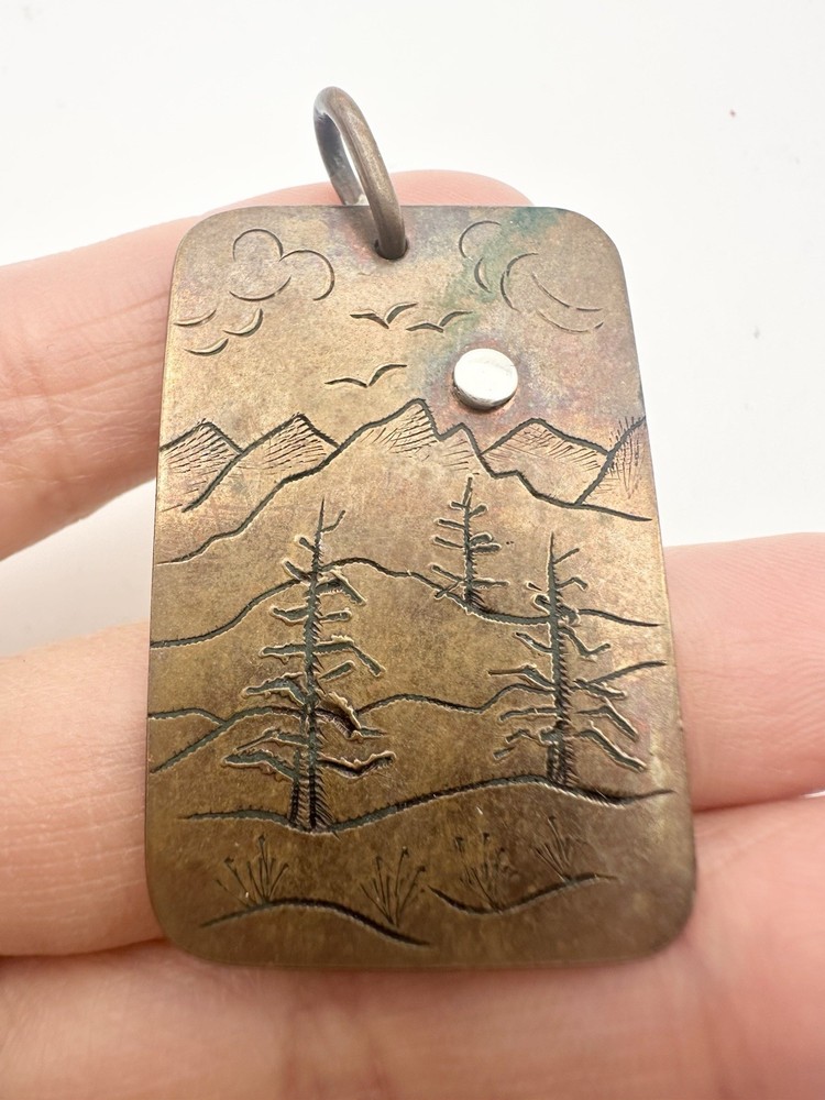 Artisan Handcrafted Copper Sterling Mountain Scenery Pendant