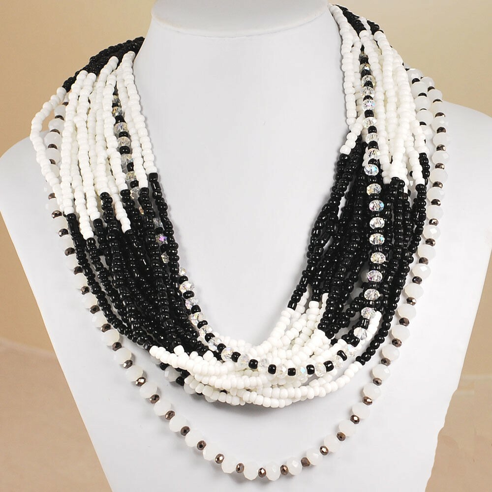 Multi-strand Crystal & Seed Bead Necklace w/Silver Tone Clasp 24-27″ FREE SHIPPI