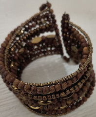 Beaded Brass and Wood Cuff Bracelet Brown Gold Bohemian Round for Women