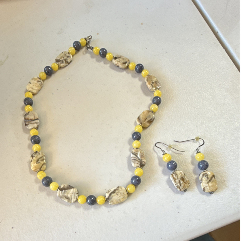 Handcrafted Stone Jewelry Set Necklace Earrings Yellow Gray Beige