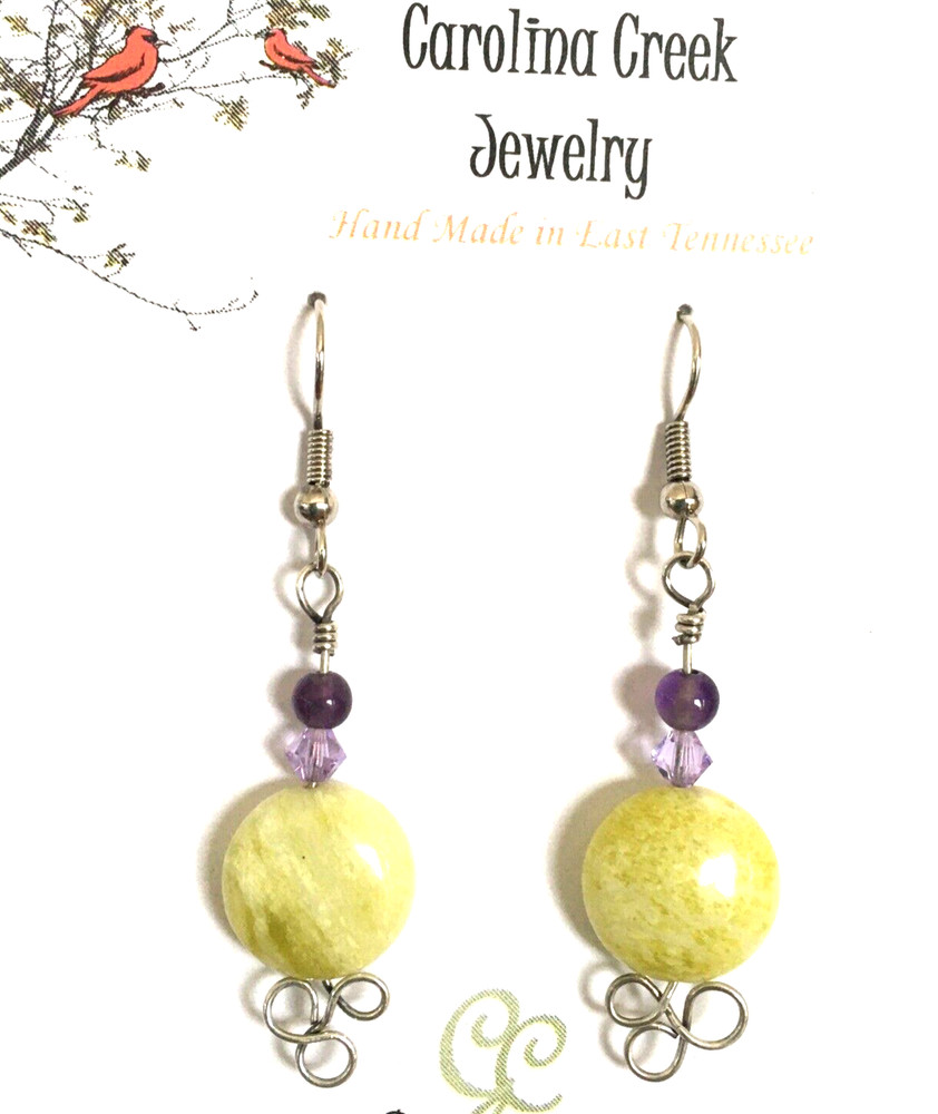 Lemon Chrysoprase, Amethyst Earrings Handcrafted on Sterling Silver Wire CCJY106