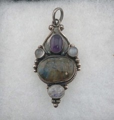 925 Sterling Silver Multi Gemstone Pendant Labradorite Amethyst Moonstone Boho
