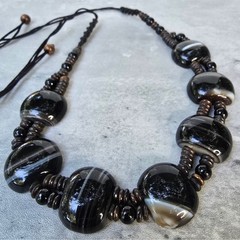 Boho Banded Agate Statement Necklace Chunky Black White Stone Wooden Bead Cord