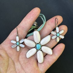 925 Sterling Silver MOP Turquoise Floral Necklace Earrings Set Daisy 31.6g
