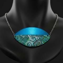 Handmade Large Bright Blue & Green Polymer Clay Pendant Necklace SS Cable Chain