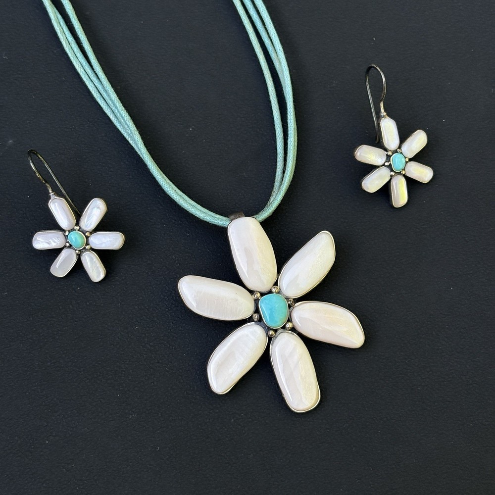 925 Sterling Silver MOP Turquoise Floral Necklace Earrings Set Daisy 31.6g