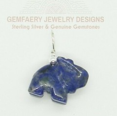 Sterling Silver Carved DENIM LAPIS Elephant Gemstone Pendant #177…Handmade USA
