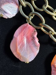 Unique Gold Tone Multi Chain & Pink White Agate Chunky Statement Necklace