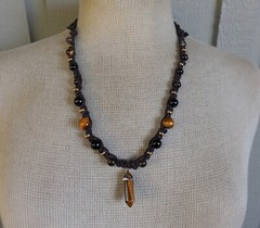 Tiger’s Eye Double Terminated Point Adjustable Hemp Necklace w Onyx Smoky Quartz