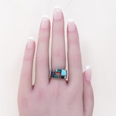 Size 8.25, Native American QT Sterling Silver Ring, Turquoise Coral Mosaic Band