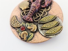 VTG Artisan Lobster Feast Seafood Platter Brass Copper Enamel Pin – 1 1/2″ Diam