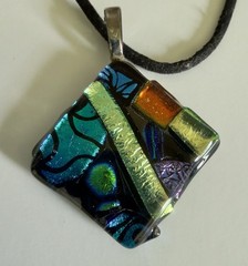 Handmade Fused Dichroic Glass Pendant Necklce Colorful Abstract Geometric Square