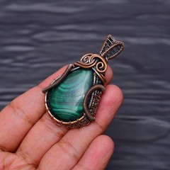 Malachite Gemstone copper wire wrapped Handmade pendant Jewelry 2.08″