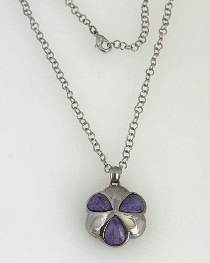 Rhodium 1″ Scalloped Charoite Pendant 18″ Rolo Necklace OA5