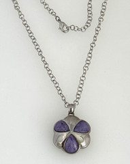 Rhodium 1″ Scalloped Charoite Pendant 18″ Rolo Necklace OA5
