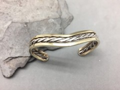 Two-Tone Metal Brass & Silver Twist Chevron Cuff Bracelet Small Handmade Modern