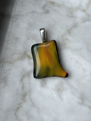 Artisan Fused Glass Pendant With Amber And Green Swirls Silver With Bail