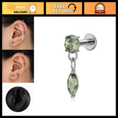 16G 8mm Titanium Push Pin Earrings with Moss Agate Stone – Helix, Conch, Tragus