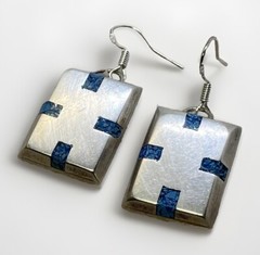 Handmade Taxco 925 Sterling Denim Lapis Inlay Rectangular Hook Earrings 12.2g
